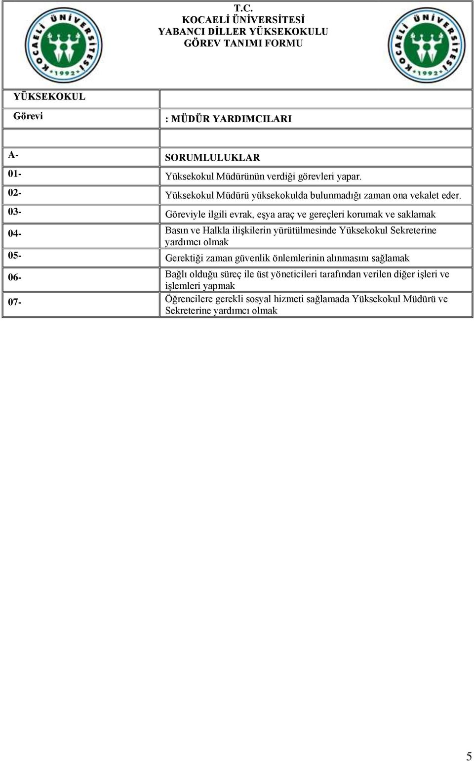 03- Göreviyle ilgili evrak, eģya araç ve gereçleri korumak ve saklamak 04- Basın ve Halkla iliģkilerin yürütülmesinde Sekreterine yardımcı olmak 05-