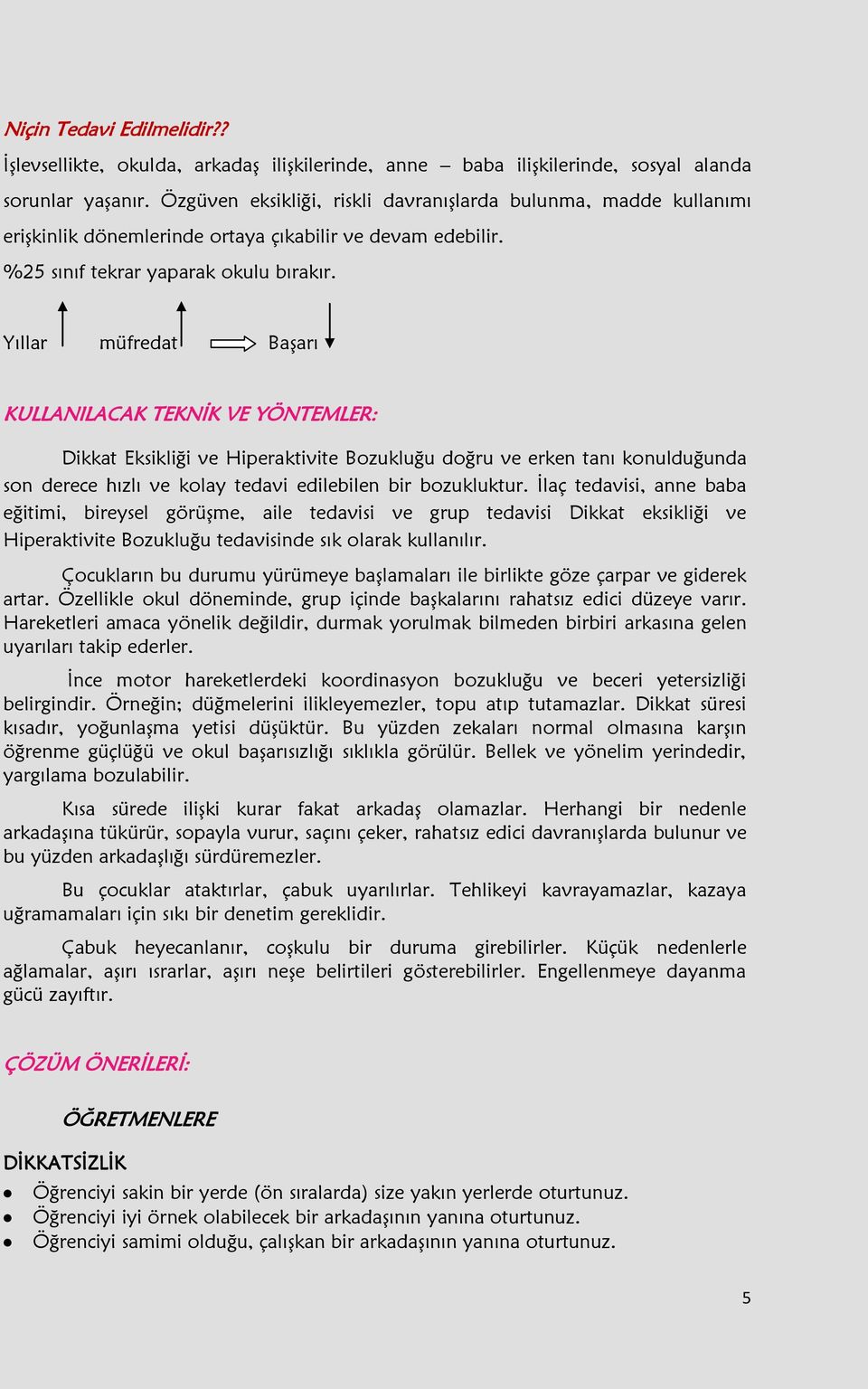 Yıllar müfredat Başarı KULLANILACAK TEKNİK VE YÖNTEMLER: Dikkat Eksikliği ve Hiperaktivite Bozukluğu doğru ve erken tanı konulduğunda son derece hızlı ve kolay tedavi edilebilen bir bozukluktur.