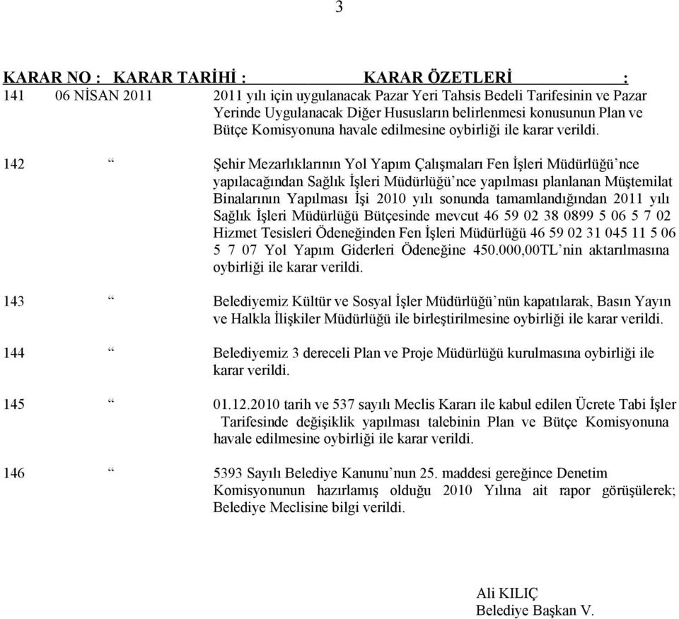 sonunda tamamlandığından 2011 yılı Sağlık İşleri Müdürlüğü Bütçesinde mevcut 46 59 02 38 0899 5 06 5 7 02 Hizmet Tesisleri Ödeneğinden Fen İşleri Müdürlüğü 46 59 02 31 045 11 5 06 5 7 07 Yol Yapım