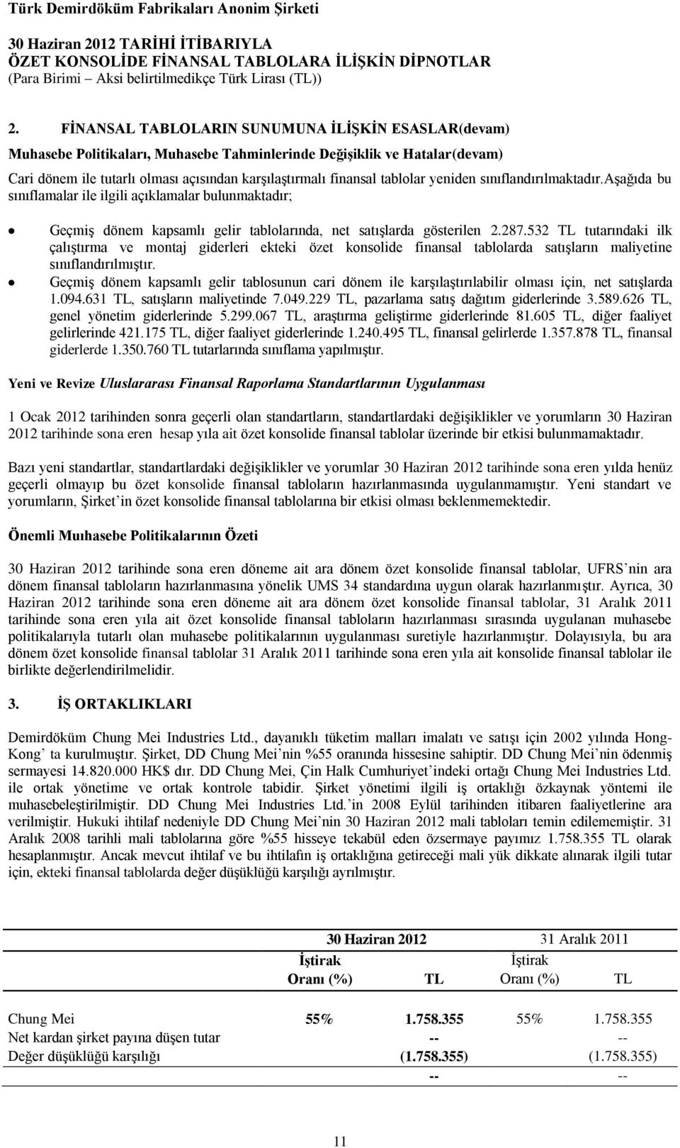 532 TL tutarındaki ilk çalıştırma ve montaj giderleri ekteki özet konsolide finansal tablolarda satışların maliyetine sınıflandırılmıştır.