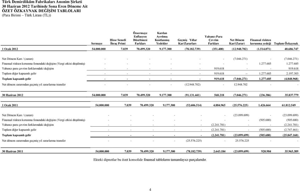 739) (351.400) (12.948.702) (1.514.071) 40.686.747 Net Dönem Karı / (zararı) - - - - - - (7.046.271) - (7.046.271) Finansal riskten korunma fonundaki değişim (Vergi etkisi düşülmüş) - - - - - - - 1.