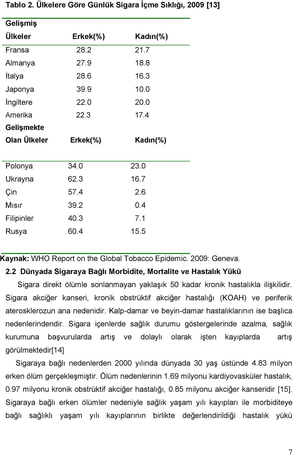 2009: Geneva. 2.2 Dünyada Sigaraya Bağlı Morbidite, Mortalite ve Hastalık Yükü Sigara direkt ölümle sonlanmayan yaklaşık 50 kadar kronik hastalıkla ilişkilidir.