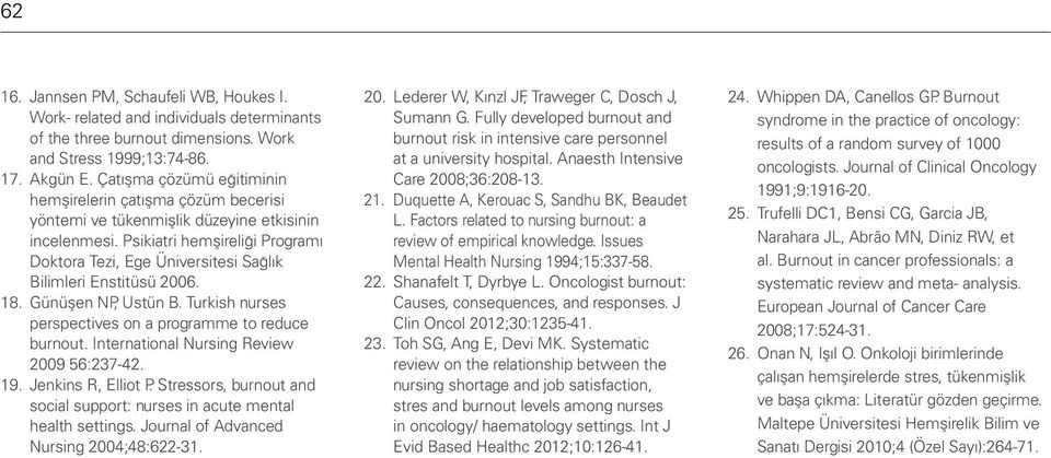 Psikiatri hemşireliği Programı Doktora Tezi, Ege Üniversitesi Sağlık Bilimleri Enstitüsü 2006. 18. Günüşen NP, Ustün B. Turkish nurses perspectives on a programme to reduce burnout.