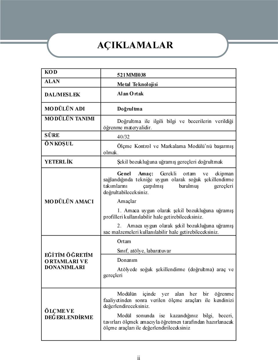 Şekil bozukluğuna uğramış gereçleri doğrultmak MO DÜLÜN AMACI EĞİTİM Ö ĞRETİM O RTAMLARI VE DONANIMLARI Ge nel Amaç: Gerekli ortam ve ekipman sağlandığında tekniğe uygun olarak soğuk şekillendirme