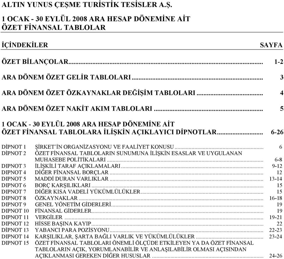 .. 6-8 DIPNOT 3 İLİŞKİLİ TARAF AÇIKLAMALARI... 9-12 DIPNOT 4 DİĞER FİNANSAL BORÇLAR... 12 DIPNOT 5 MADDİ DURAN VARLIKLAR... 13-14 DIPNOT 6 BORÇ KARŞILIKLARI.