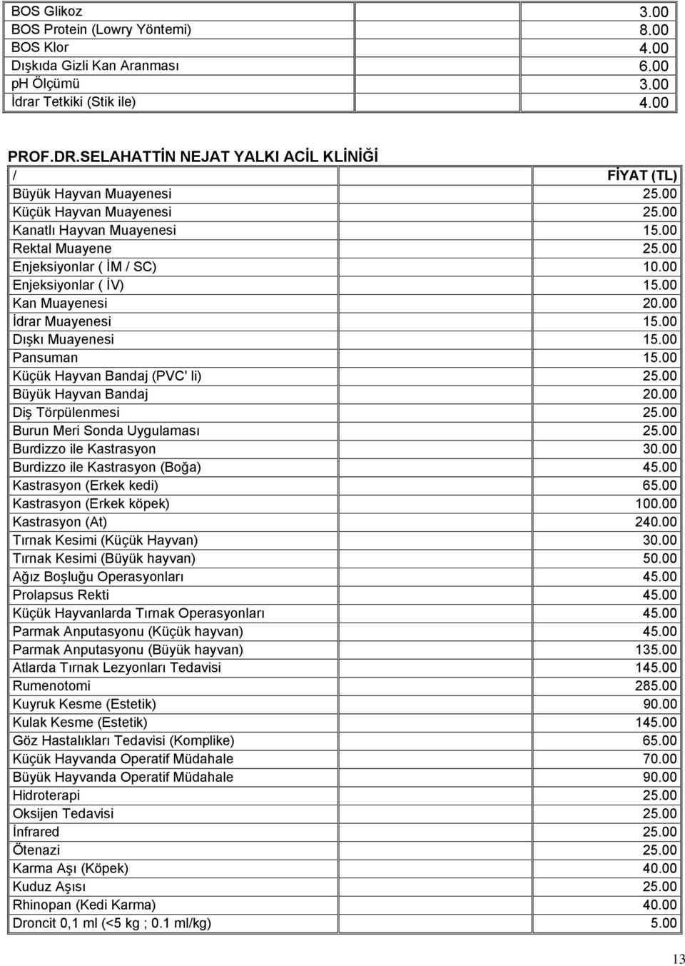 00 Enjeksiyonlar ( İV) 15.00 Kan Muayenesi 20.00 İdrar Muayenesi 15.00 Dışkı Muayenesi 15.00 Pansuman 15.00 Küçük Hayvan Bandaj (PVC' li) 25.00 Büyük Hayvan Bandaj 20.00 Diş Törpülenmesi 25.