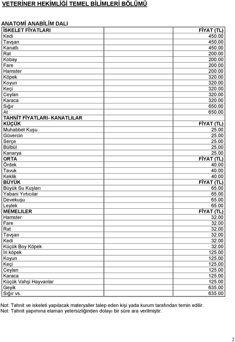 00 Tavuk 40.00 Keklik 40.00 BÜYÜK Büyük Su Kuşları 65.00 Yabani Yırtıcılar 65.00 Devekuşu 65.00 Leylek 65.00 MEMELILER Hamster 32.00 Fare 32.00 Rat 32.00 Tavşan 32.00 Kedi 32.00 Küçük Boy Köpek 32.