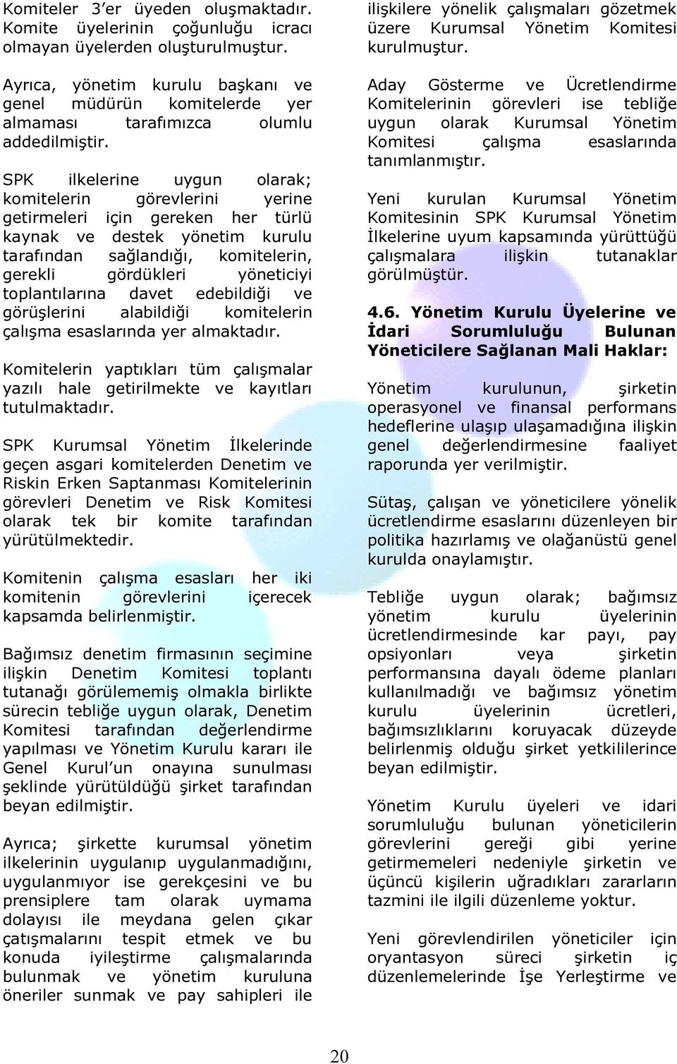 SPK ilkelerine uygun olarak; komitelerin görevlerini yerine getirmeleri için gereken her türlü kaynak ve destek yönetim kurulu tarafından sağlandığı, komitelerin, gerekli gördükleri yöneticiyi