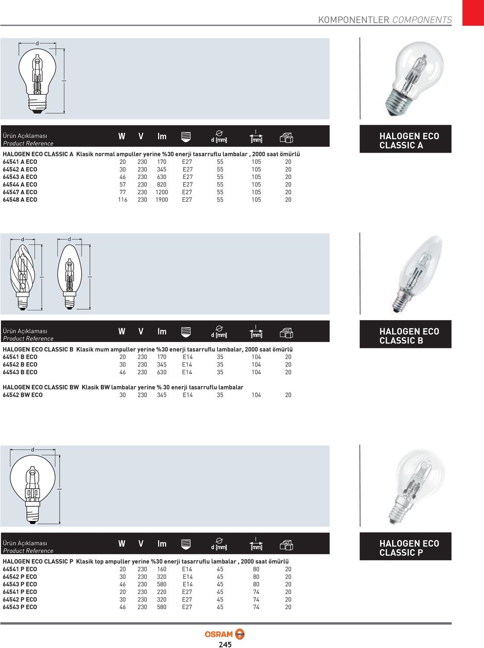 B Klasik mum ampuller yerine %30 enerji tasarruflu lambalar, 2000 saat ömürlü 645 B ECO 20 230 170 E14 35 4 20 64542 B ECO 30 230 345 E14 35 4 20 64543 B ECO 46 230 630 E14 35 4 20 HALOGEN ECO CLASSC