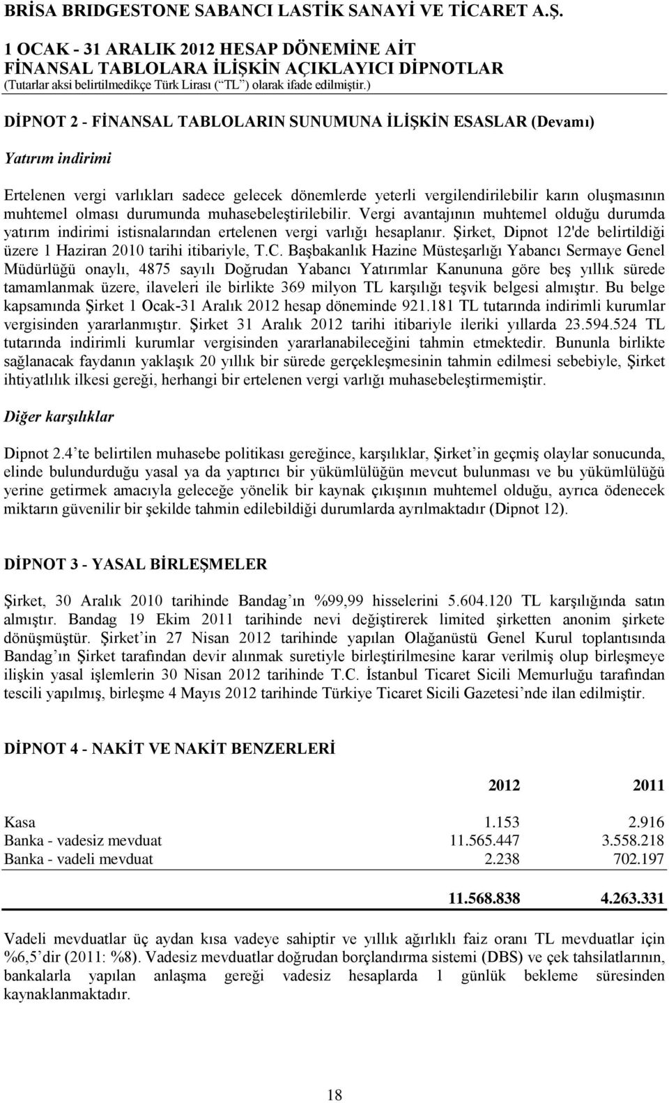 Şirket, Dipnot 12'de belirtildiği üzere 1 Haziran 2010 tarihi itibariyle, T.C.