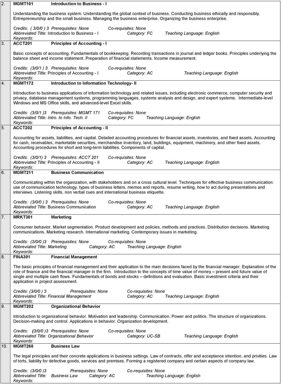 Credits: ( 3/0/0 ) 3 Prerequisites: None Co-requisites: None Abbreviated Title: Introduction to Business - I Category: FC Teaching Language: English 3.