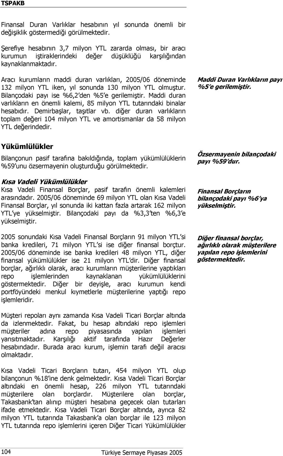 Aracı kurumların maddi duran varlıkları, 2005/06 döneminde 132 milyon YTL iken, yıl sonunda 130 milyon YTL olmuştur. Bilançodaki payı ise %6,2 den %5 e gerilemiştir.