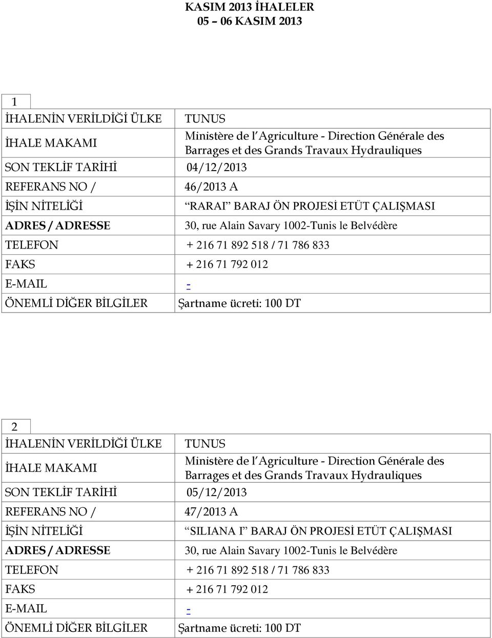 Şartname ücreti: 100 DT 2 Ministère de l Agriculture - Direction Générale des Barrages et des Grands Travaux Hydrauliques SON TEKLİF TARİHİ 05/12/2013 REFERANS NO /