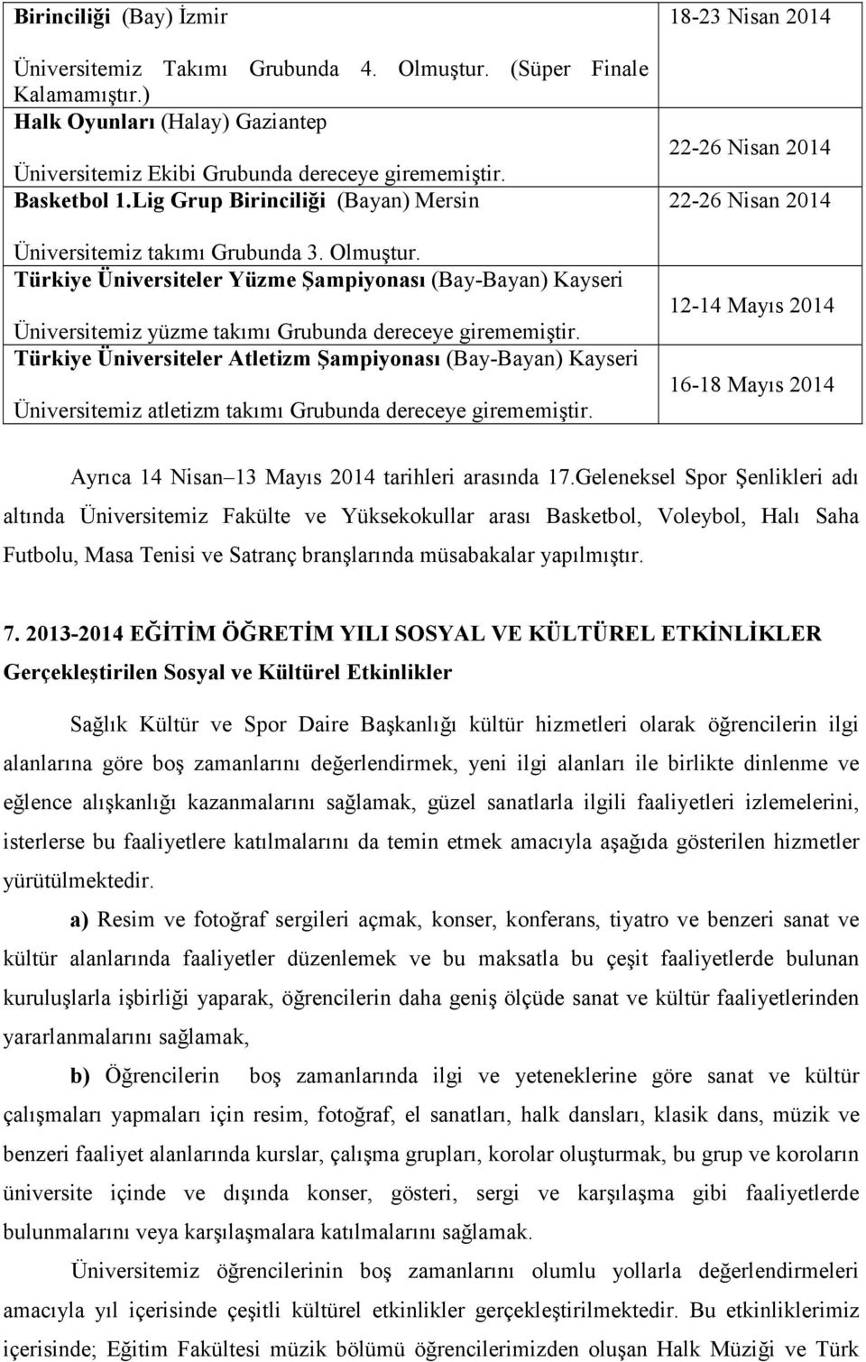 Türkiye Üniversiteler Atletizm Şampiyonası (Bay-Bayan) Kayseri Üniversitemiz atletizm takımı Grubunda dereceye girememiştir.