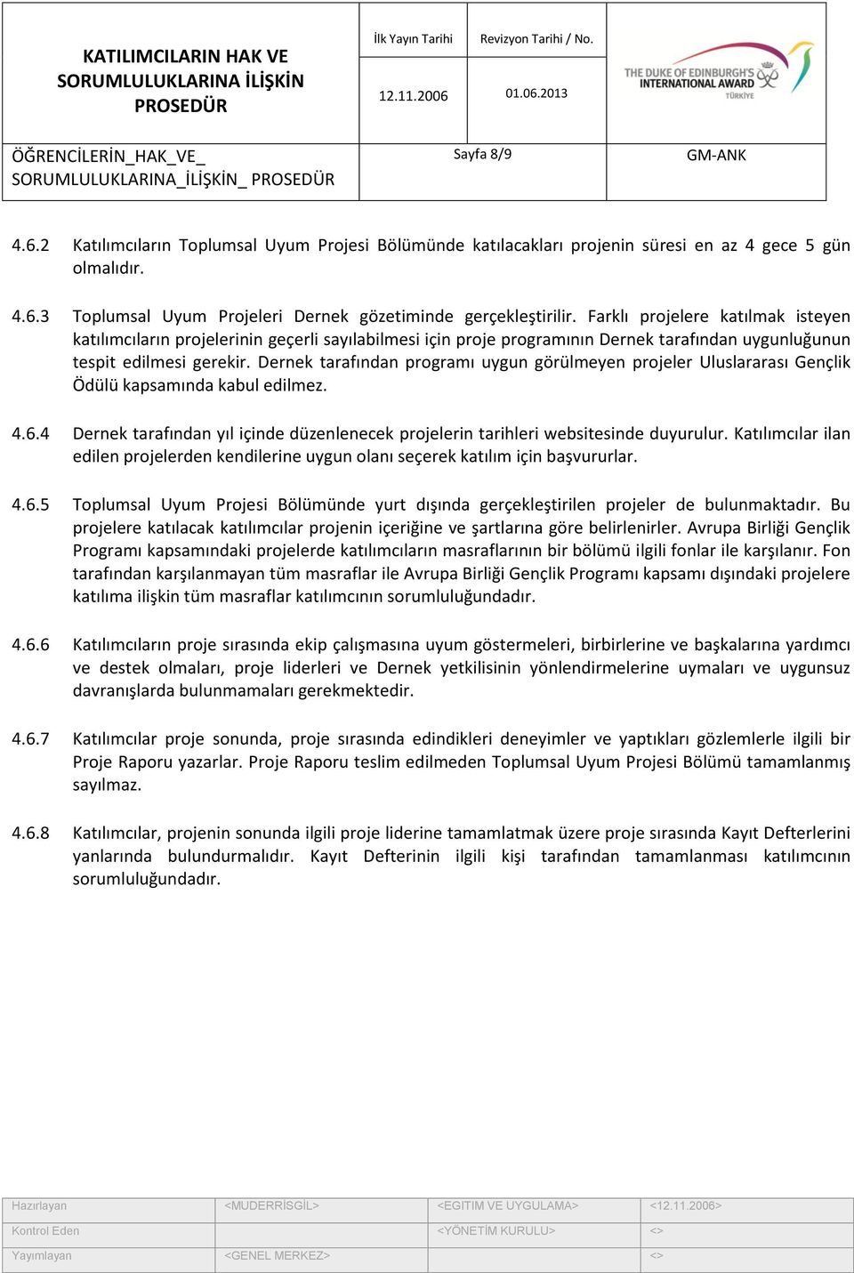 Dernek tarafından programı uygun görülmeyen projeler Uluslararası Gençlik Ödülü kapsamında kabul edilmez. 4.6.4 Dernek tarafından yıl içinde düzenlenecek projelerin tarihleri websitesinde duyurulur.