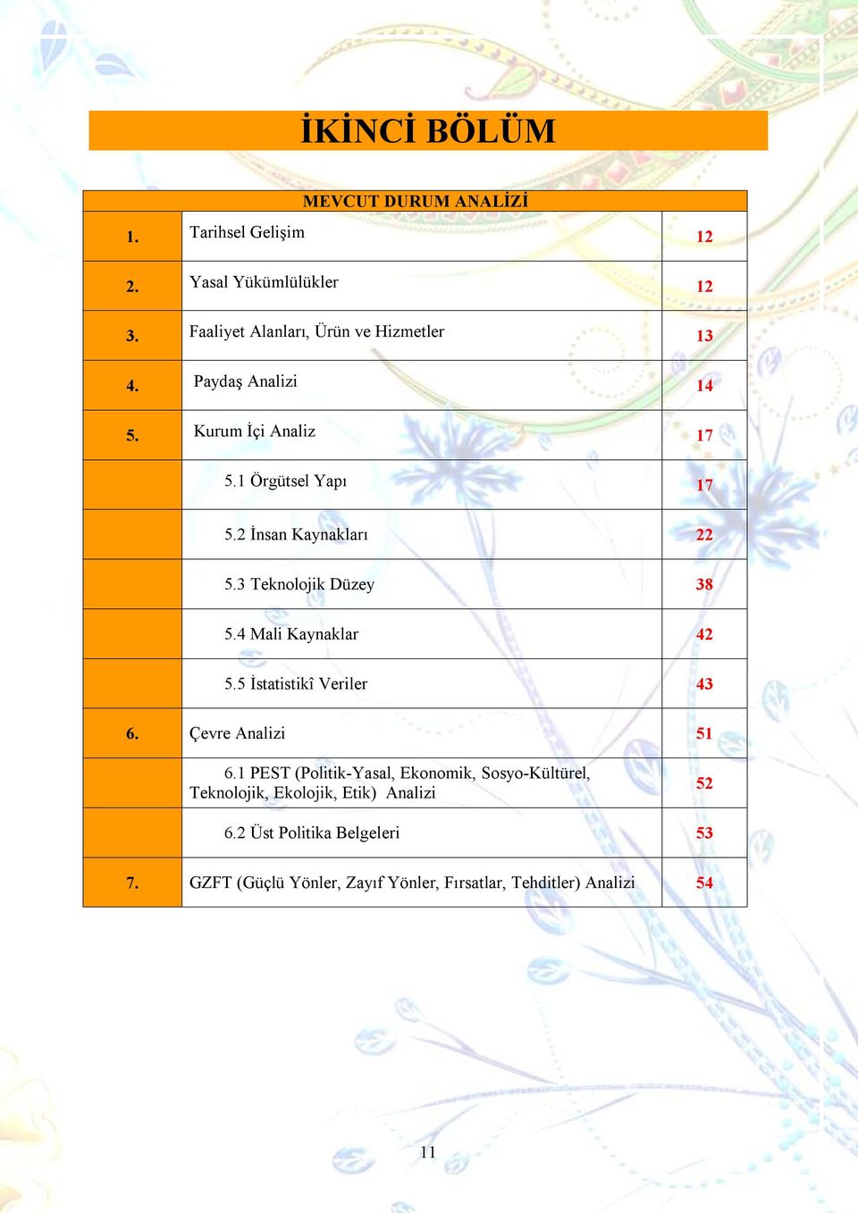 2 İnsan Kaynakları 22 5.3 Teknolojik Düzey 38 5.4 Mali Kaynaklar 42 5.5 İstatistikî Veriler 43 6. Çevre Analizi 51 6.