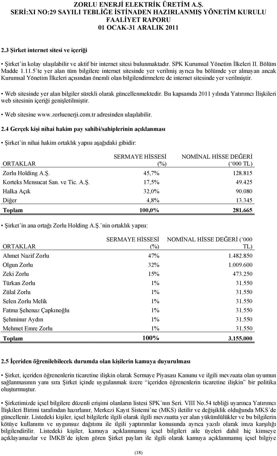 Web sitesinde yer alan bilgiler sürekli olarak güncellenmektedir. Bu kapsamda 2011 yılında Yatırımcı İlişkileri web sitesinin içeriği genişletilmiştir. Web sitesine www.zorluenerji.com.