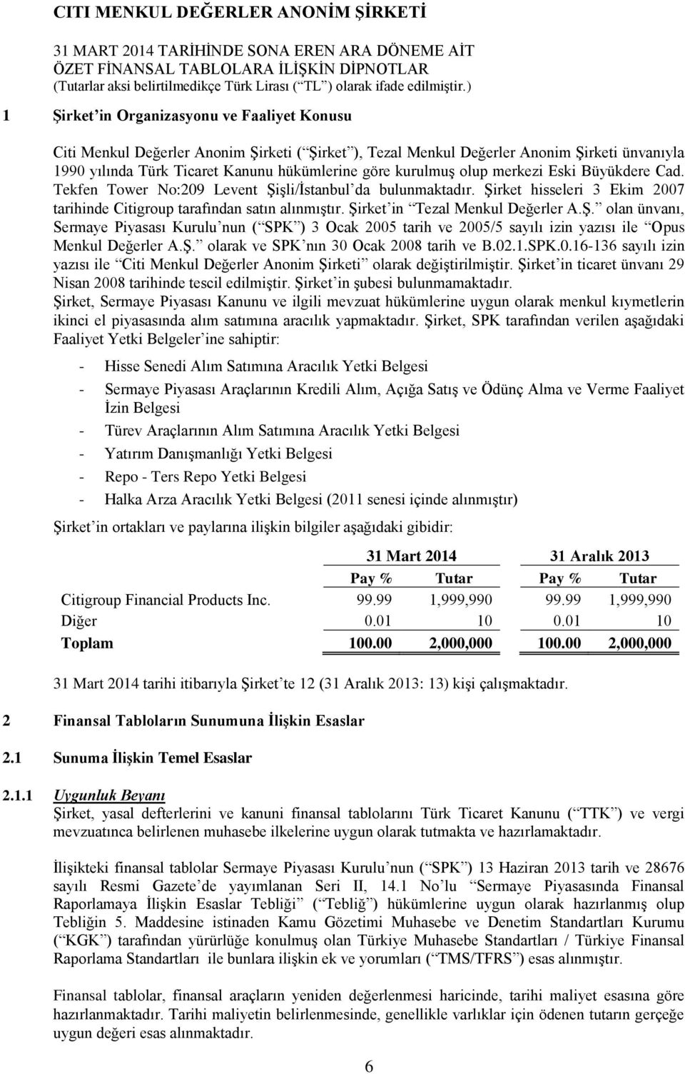 Şirket hisseleri 3 Ekim 2007 tarihinde Citigroup tarafından satın alınmıştır. Şirket in Tezal Menkul Değerler A.Ş. olan ünvanı, Sermaye Piyasası Kurulu nun ( SPK ) 3 Ocak 2005 tarih ve 2005/5 sayılı izin yazısı ile Opus Menkul Değerler A.