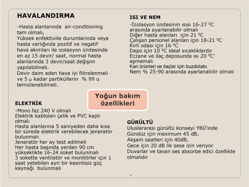 ISI VE NEM -İzolasyon ünitesinin ısısı 16-27 0 C arasında ayarlanabilir olmalı Diğer hasta alanları için 21 0 C Çalışan personel alanları için 18-21 0 C Kirli odası için 16 0 C Depo için 10 0 C ideal