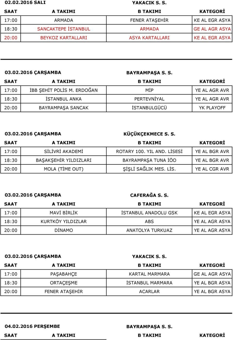 LİSESİ YE AL BGR AVR 18:30 BAŞAKŞEHİR YILDIZLARI BAYRAMPAŞA TUNA İÖO YE AL BGR AVR 20:00 MOLA (TİME OUT) ŞİŞLİ SAĞLIK MES. LİS.