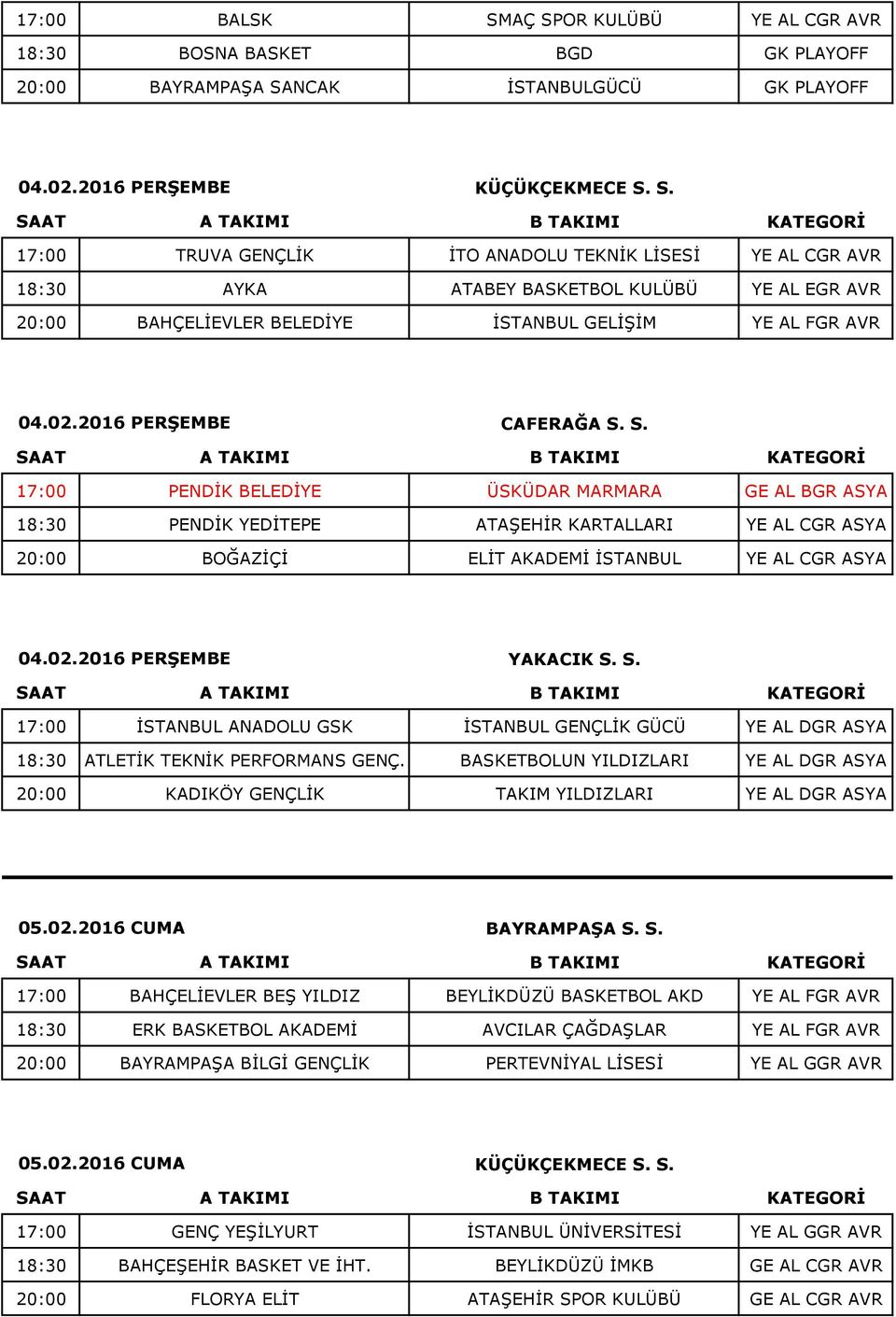 CGR ASYA 20:00 BOĞAZİÇİ ELİT AKADEMİ İSTANBUL YE AL CGR ASYA 17:00 İSTANBUL ANADOLU GSK İSTANBUL GENÇLİK GÜCÜ YE AL DGR ASYA 18:30 ATLETİK TEKNİK PERFORMANS GENÇ.