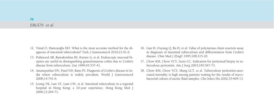 Amarapurkar DN, Patel ND, Rane PS. Diagnosis of Crohn's disease in India where tuberculosis is widely prevalent. World J Gastroenterol 2008;14:741-6. 15. Leung VK, Law ST, Lam CW, et al.