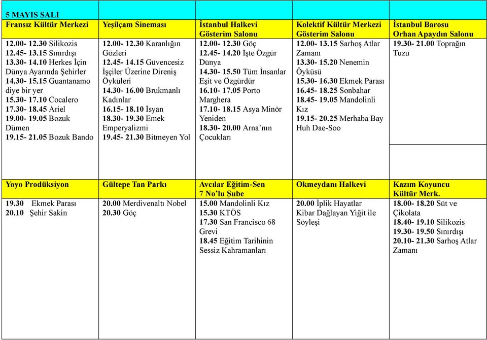 30 Emek Emperyalizmi 19.45-21.30 Bitmeyen Yol 12.00-12.30 Göç 12.45-14.20 İşte Özgür Dünya 14.30-15.50 Tüm İnsanlar Eşit ve Özgürdür 16.10-17.05 Porto Marghera 17.10-18.15 Asya Minör Yeniden 18.30-20.