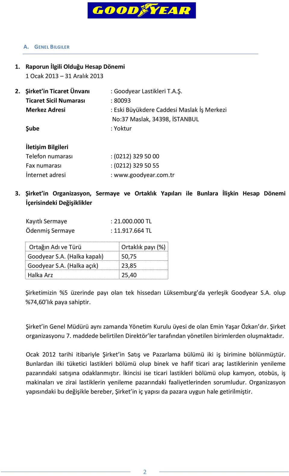 Ticaret Sicil Numarası : 80093 Merkez Adresi : Eski Büyükdere Caddesi Maslak İş Merkezi No:37 Maslak, 34398, İSTANBUL Şube : Yoktur İletişim Bilgileri Telefon numarası :(0212) 3295000 Fax numarası