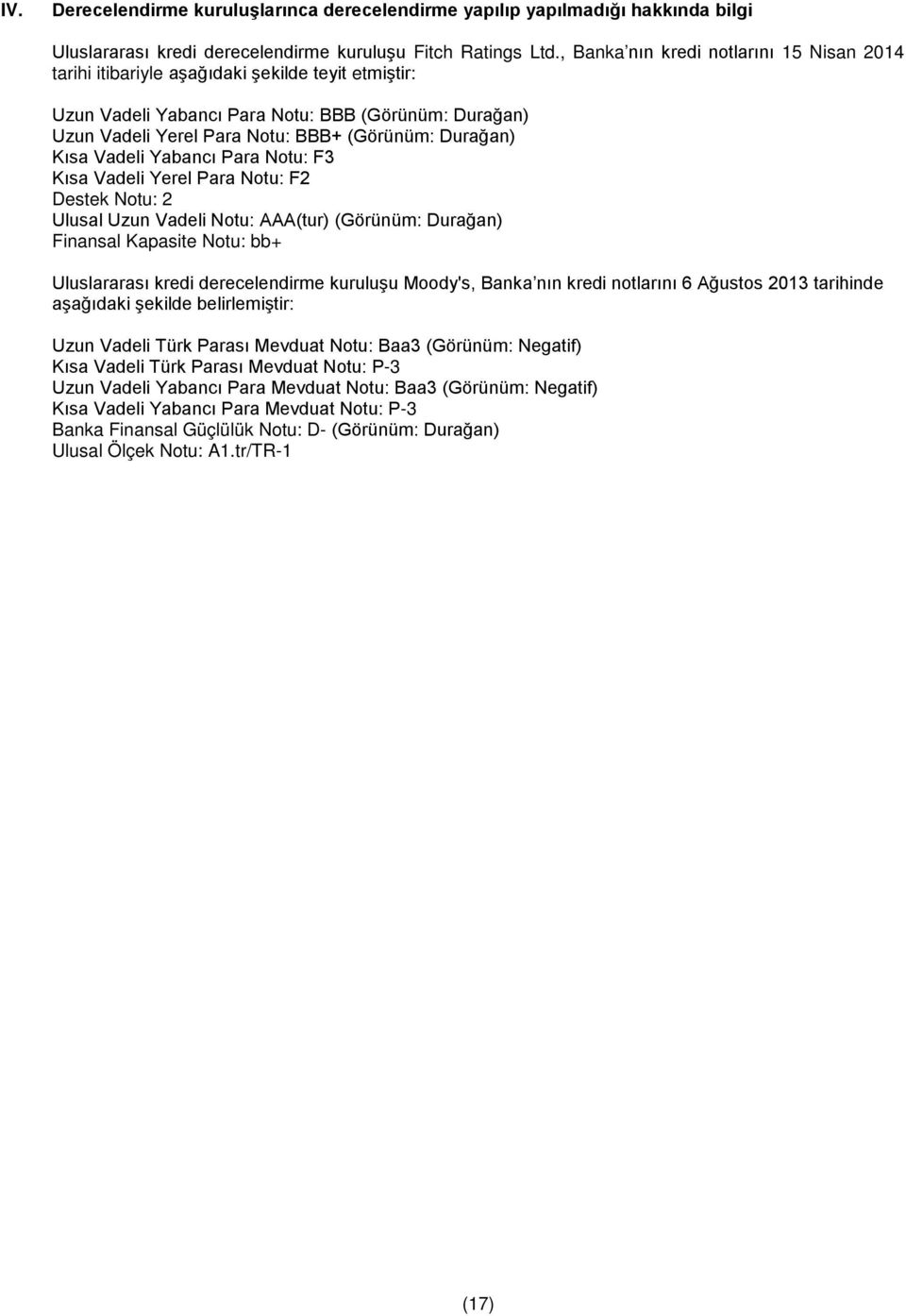 Durağan) Kısa Vadeli Yabancı Para Notu: F3 Kısa Vadeli Yerel Para Notu: F2 Destek Notu: 2 Ulusal Uzun Vadeli Notu: AAA(tur) (Görünüm: Durağan) Finansal Kapasite Notu: bb+ Uluslararası kredi