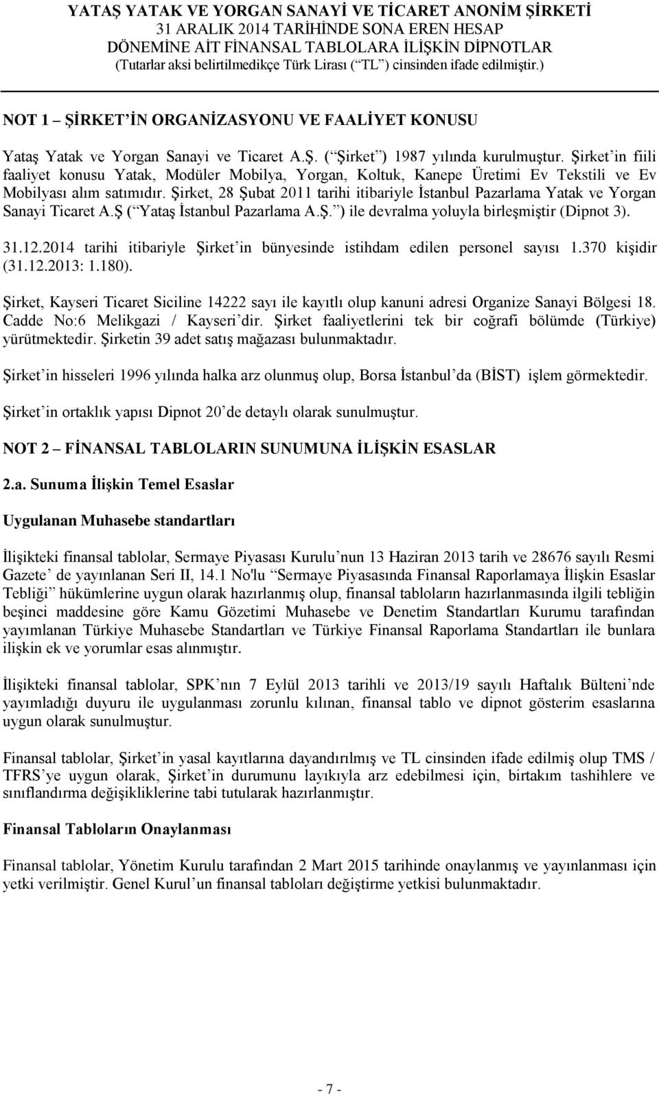 Şirket, 28 Şubat 2011 tarihi itibariyle İstanbul Pazarlama Yatak ve Yorgan Sanayi Ticaret A.Ş ( Yataş İstanbul Pazarlama A.Ş. ) ile devralma yoluyla birleşmiştir (Dipnot 3). 31.12.