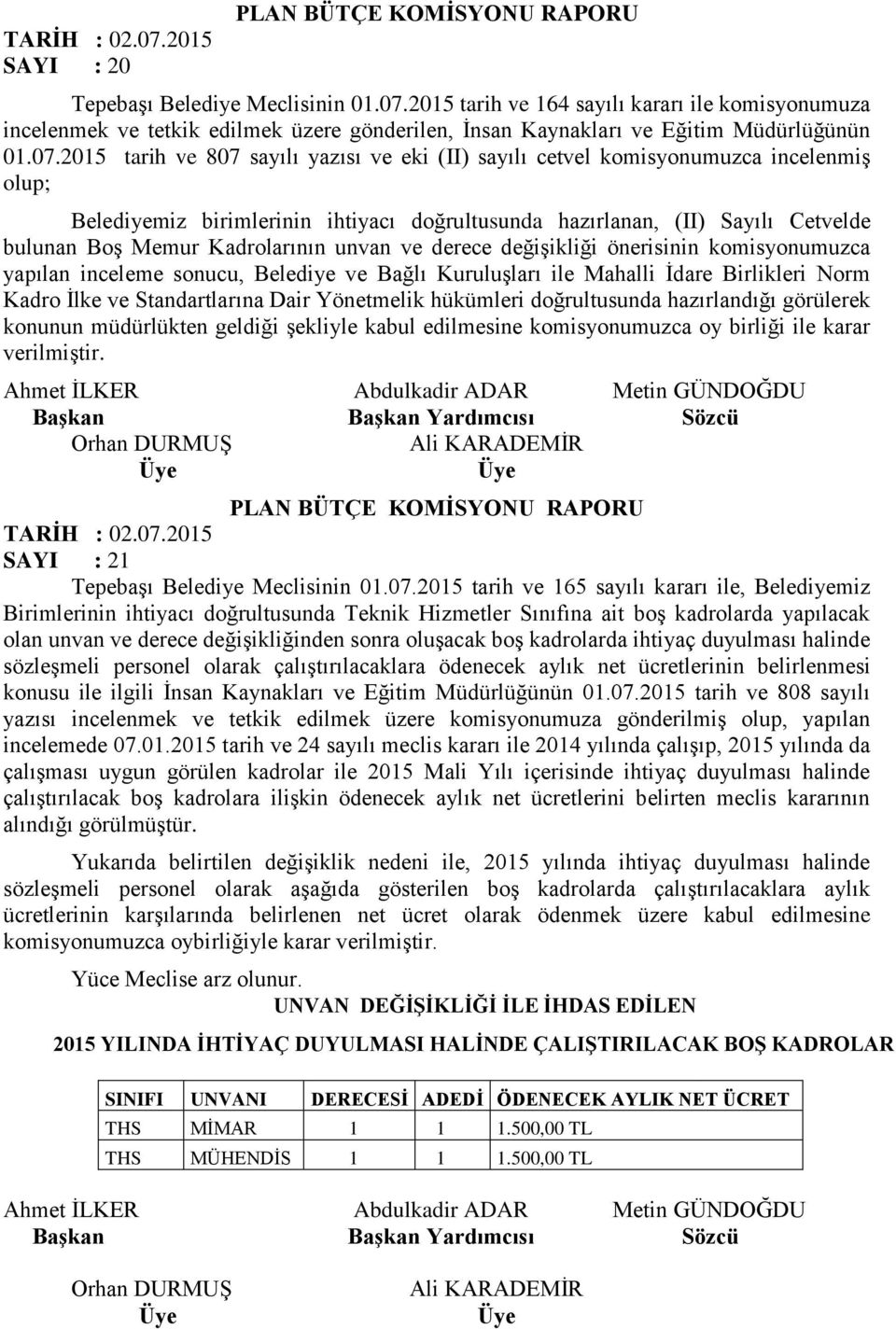 Kadrolarının unvan ve derece değişikliği önerisinin komisyonumuzca yapılan inceleme sonucu, Belediye ve Bağlı Kuruluşları ile Mahalli İdare Birlikleri Norm Kadro İlke ve Standartlarına Dair