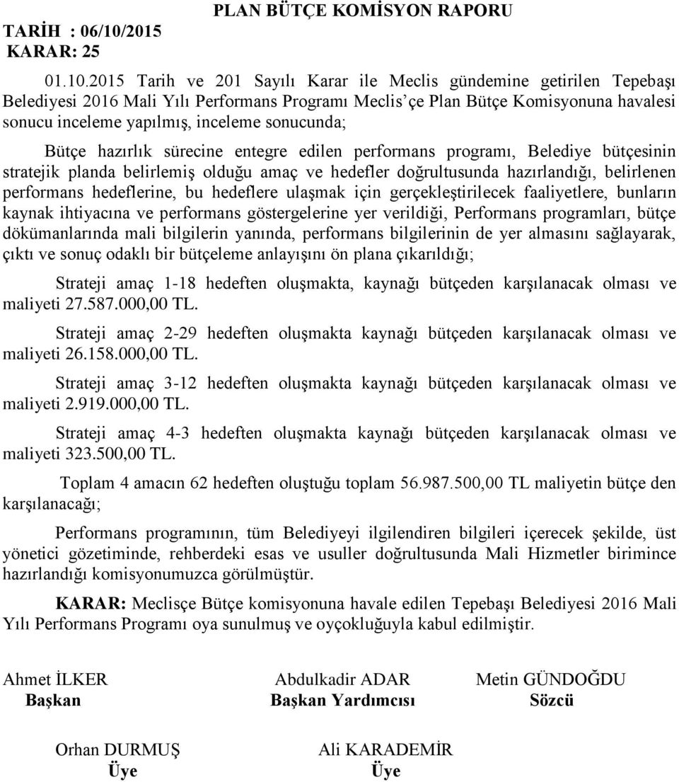 2015 Tarih ve 201 Sayılı Karar ile Meclis gündemine getirilen Tepebaşı Belediyesi 2016 Mali Yılı Performans Programı Meclis çe Plan Bütçe Komisyonuna havalesi sonucu inceleme yapılmış, inceleme