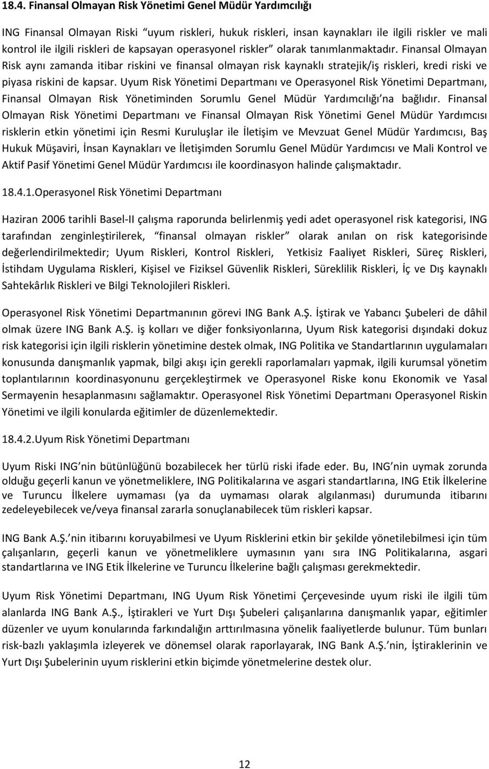 Finansal Olmayan Risk aynı zamanda itibar riskini ve finansal olmayan risk kaynaklı stratejik/iş riskleri, kredi riski ve piyasa riskini de kapsar.