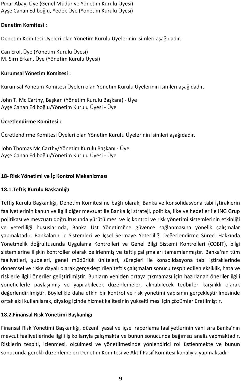 Sırrı Erkan, Üye (Yönetim Kurulu Üyesi) Kurumsal Yönetim Komitesi : Kurumsal Yönetim Komitesi Üyeleri olan Yönetim Kurulu Üyelerinin isimleri aşağıdadır. John T.