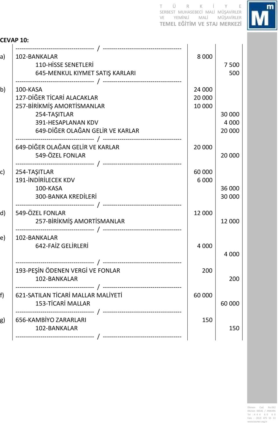 60000 191-İNDİRİLECEK KDV 6000 100-KASA 36000 300-BANKA KREDİLERİ 30000 d) 549-ÖZEL FONLAR 12000 257-BİRİKMİŞ AMORTİSMANLAR 12000 e) 102-BANKALAR 642-FAİZ GELİRLERİ 4000