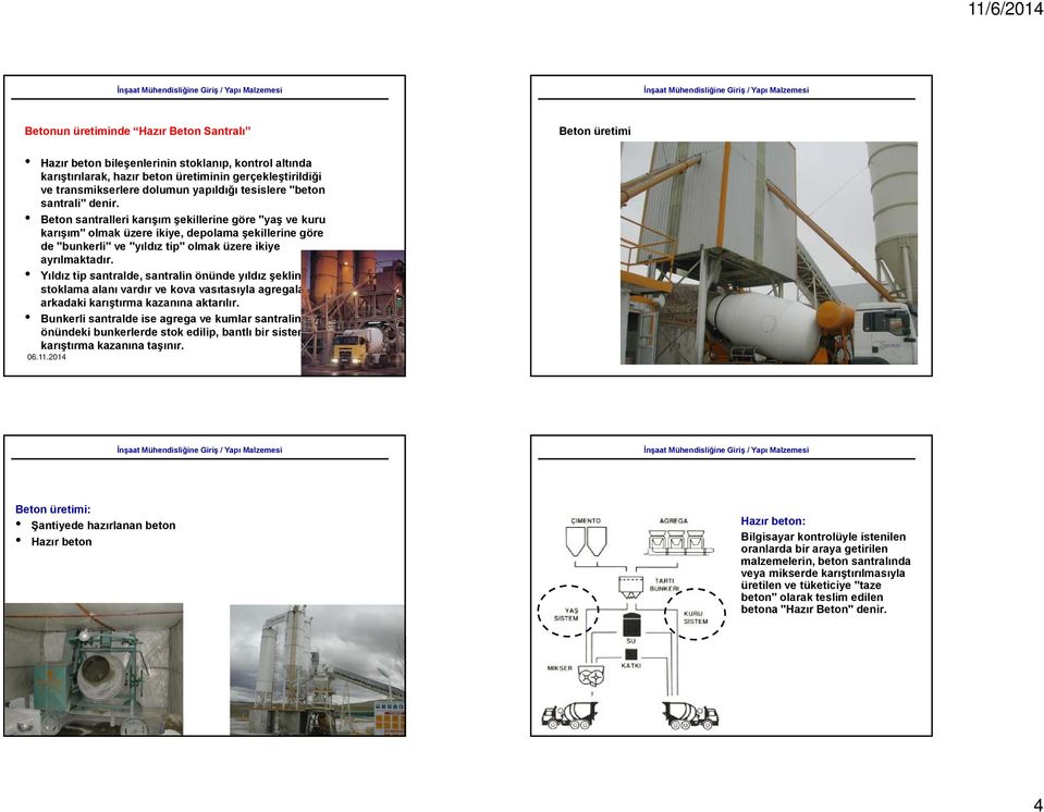 Beton santralleri karışım şekillerine göre "yaş ve kuru karışım" olmak üzere ikiye, depolama şekillerine göre de "bunkerli" ve "yıldız tip" olmak üzere ikiye ayrılmaktadır.