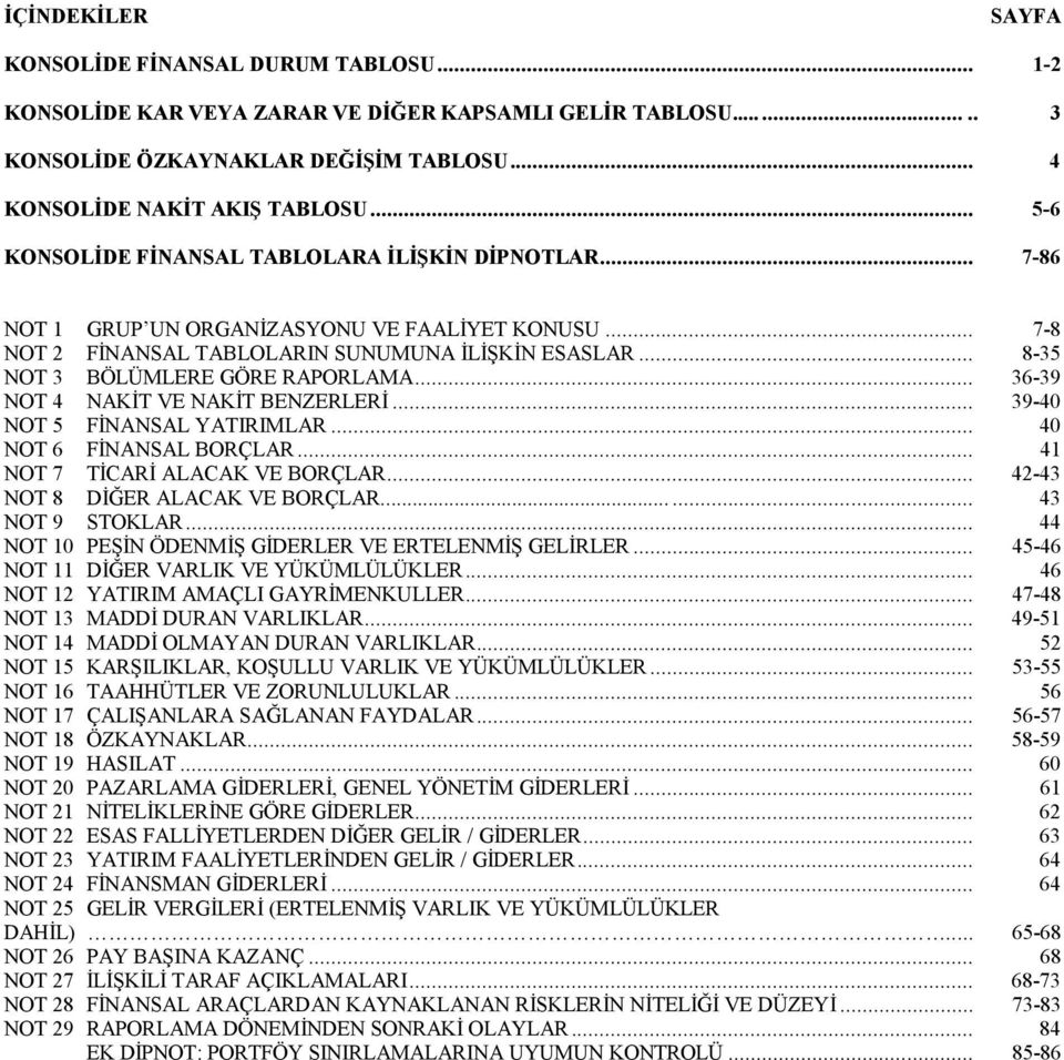 .. 39-40 NOT 5 FİNANSAL YATIRIMLAR... 40 NOT 6 FİNANSAL BORÇLAR... 41 NOT 7 TİCARİ ALACAK VE BORÇLAR... 42-43 NOT 8 DİĞER ALACAK VE BORÇLAR...... 43 NOT 9 STOKLAR.