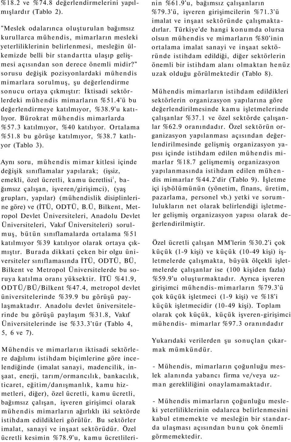 midir?" sorusu değişik pozisyonlardaki mühendis mimarlara sorulmuş, şu değerlendirme sonucu ortaya çıkmıştır: İktisadi sektörlerdeki mühendis mimarların %51.4'ü bu değerlendirmeye katılmıyor, %38.