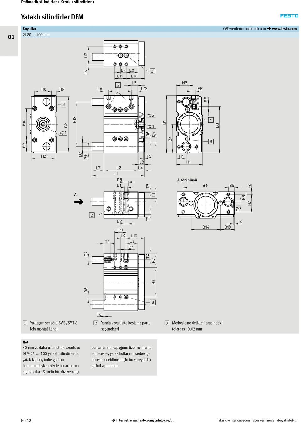 02 mm Not 40 mm ve daha uzun strok uzunluku DFM-25 100 yataklı silindirlerde yatak kolları,ünitegerison konumundayken gövde kenarlarının dıșına çıkar.