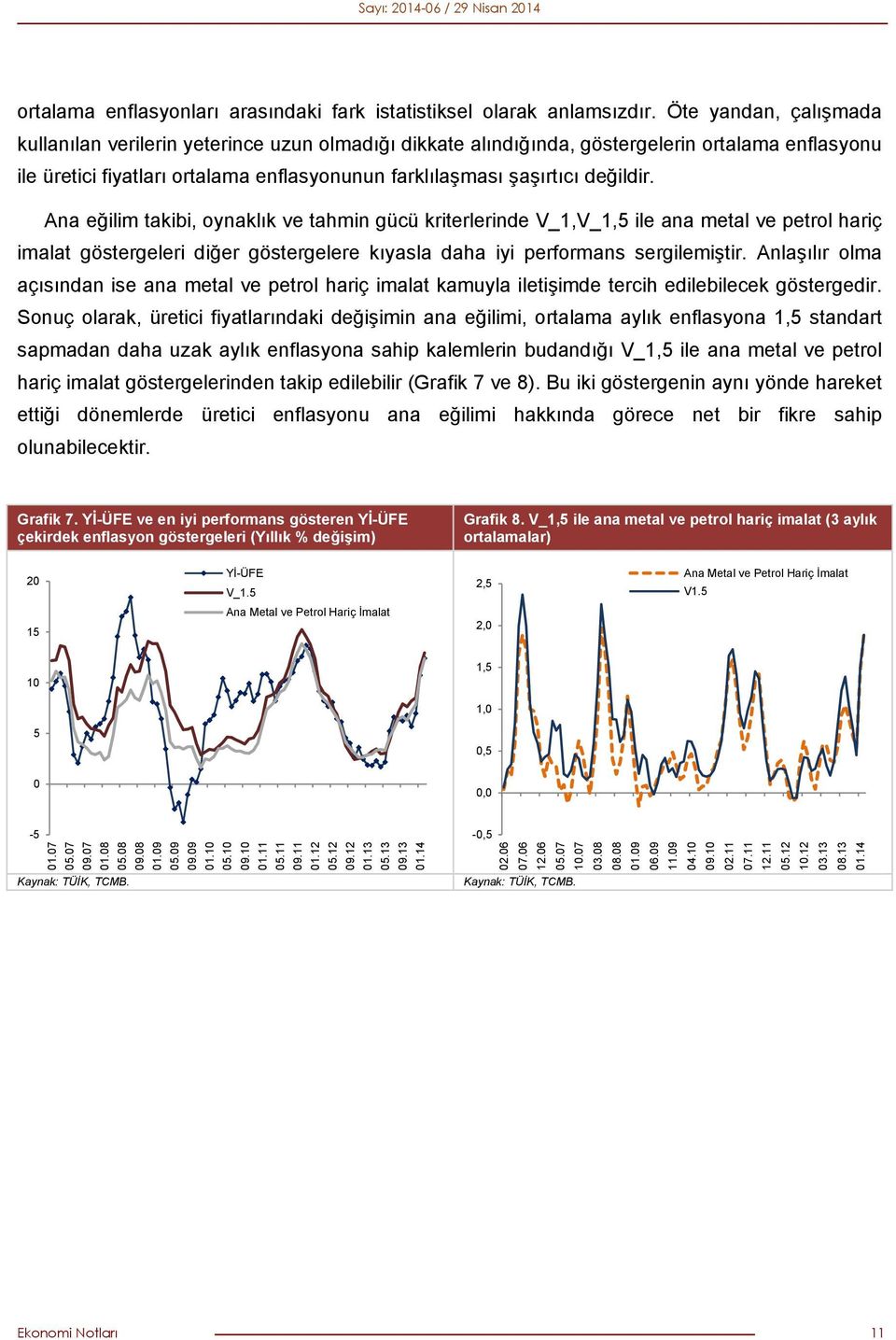 Ana eğilim takibi, oynaklık ve tahmin gücü kriterlerinde V_1,V_1,5 ile ana metal ve petrol hariç imalat göstergeleri diğer göstergelere kıyasla daha iyi performans sergilemiştir.