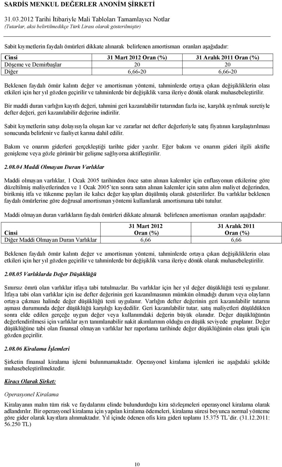 olarak muhasebeleştirilir. Bir maddi duran varlığın kayıtlı değeri, tahmini geri kazanılabilir tutarından fazla ise, karşılık ayrılmak suretiyle defter değeri, geri kazanılabilir değerine indirilir.