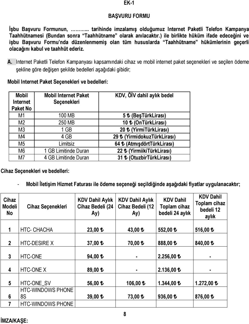 Internet Paketli Telefon Kampanyası kapsamındaki cihaz ve mobil internet paket seçenekleri ve seçilen ödeme şekline göre değişen şekilde bedelleri aşağıdaki gibidir; Mobil Internet Paket Seçenekleri