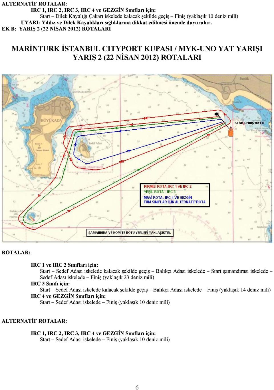 iskelede Start şamandırası iskelede Sedef Adası iskelede Finiş (yaklaşık 23 deniz mili) IRC 3 Sınıfı için: Start Sedef