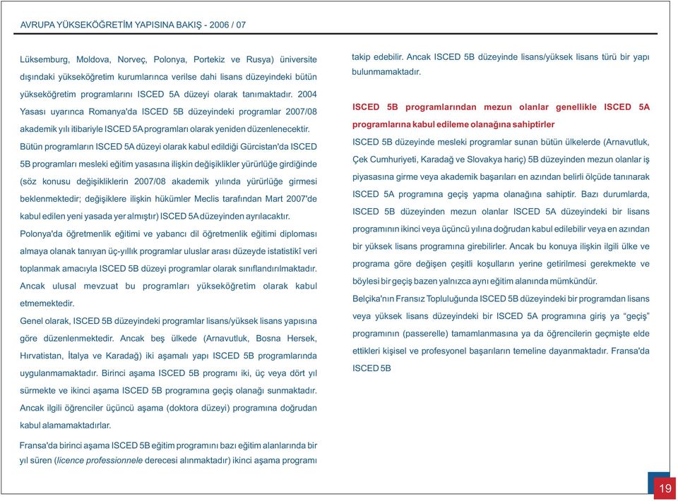 2004 Yasasý uyarýnca Romanya'da ISCED 5B düzeyindeki programlar 2007/08 akademik yýlý itibariyle ISCED 5A programlarý olarak yeniden düzenlenecektir.