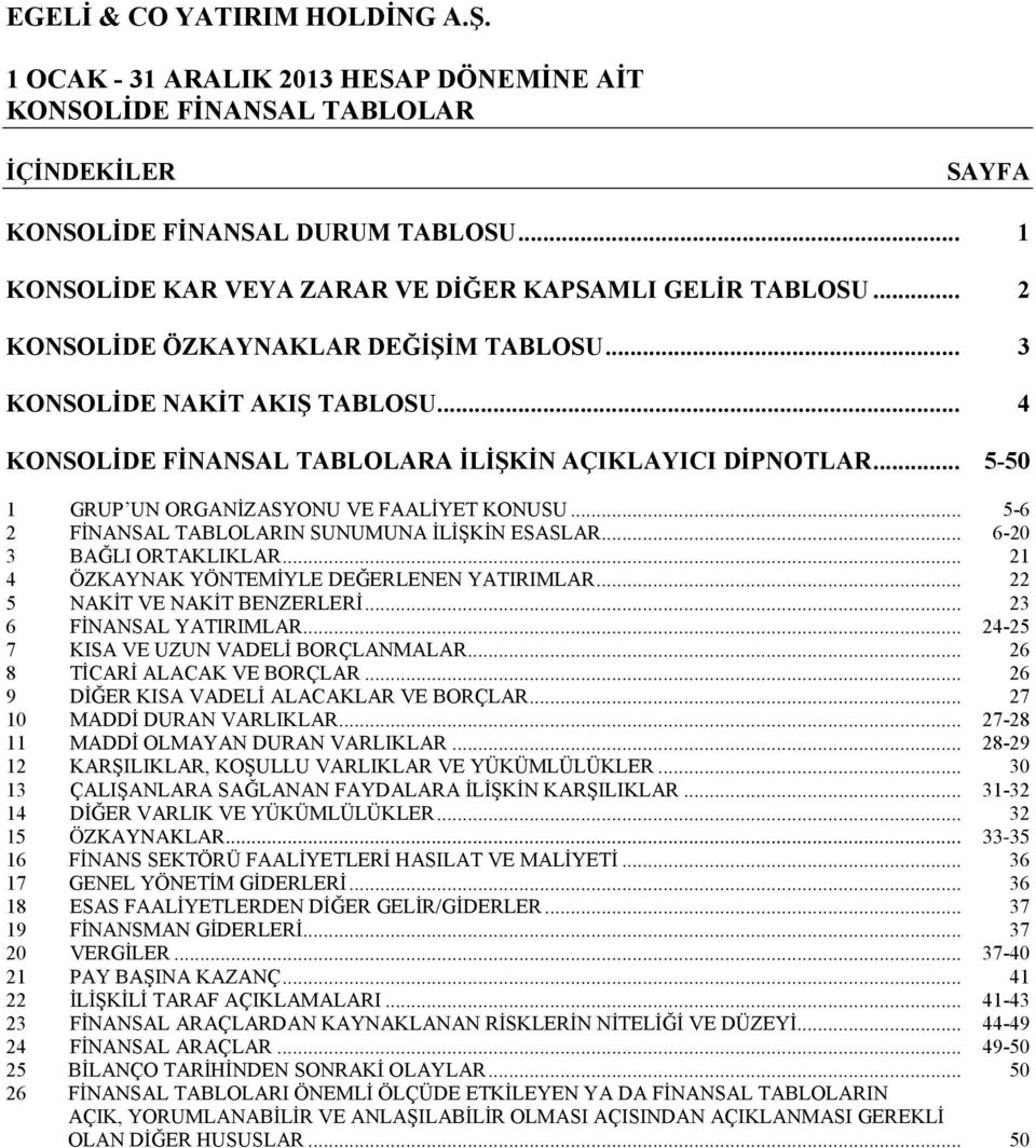 .. 6-20 3 BAĞLI ORTAKLIKLAR... 21 4 ÖZKAYNAK YÖNTEMİYLE DEĞERLENEN YATIRIMLAR... 22 5 NAKİT VE NAKİT BENZERLERİ... 23 6 FİNANSAL YATIRIMLAR... 24-25 7 KISA VE UZUN VADELİ BORÇLANMALAR.