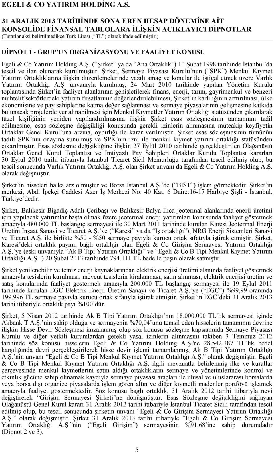 kurulmuş, 24 Mart 2010 tarihinde yapılan Yönetim Kurulu toplantısında Şirket in faaliyet alanlarının genişletilerek finans, enerji, tarım, gayrimenkul ve benzeri muhtelif sektörlerdeki yatırım