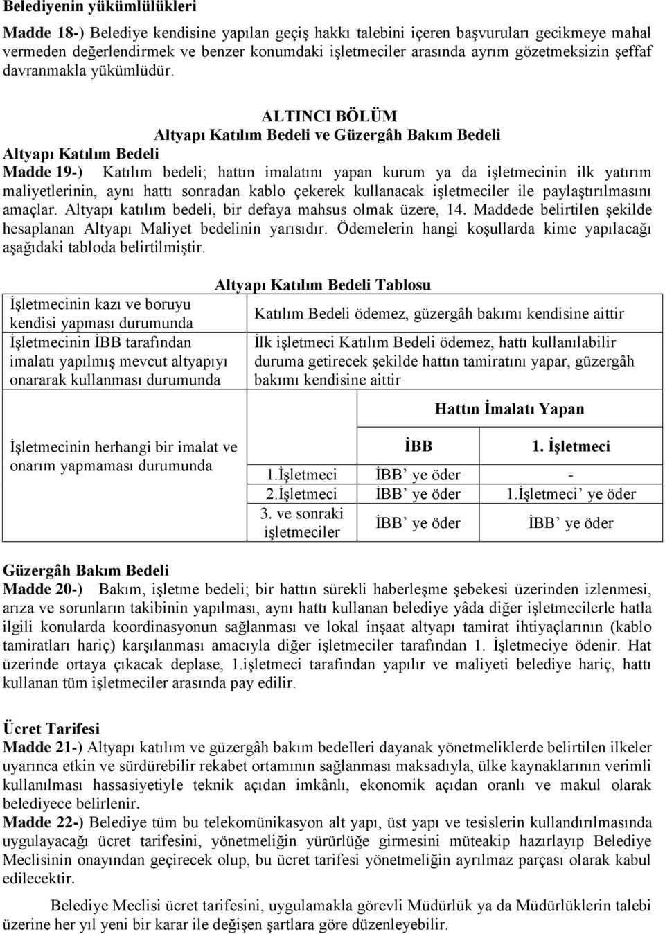 ALTINCI BÖLÜM Altyapı Katılım Bedeli ve Güzergâh Bakım Bedeli Altyapı Katılım Bedeli Madde 19-) Katılım bedeli; hattın imalatını yapan kurum ya da işletmecinin ilk yatırım maliyetlerinin, aynı hattı