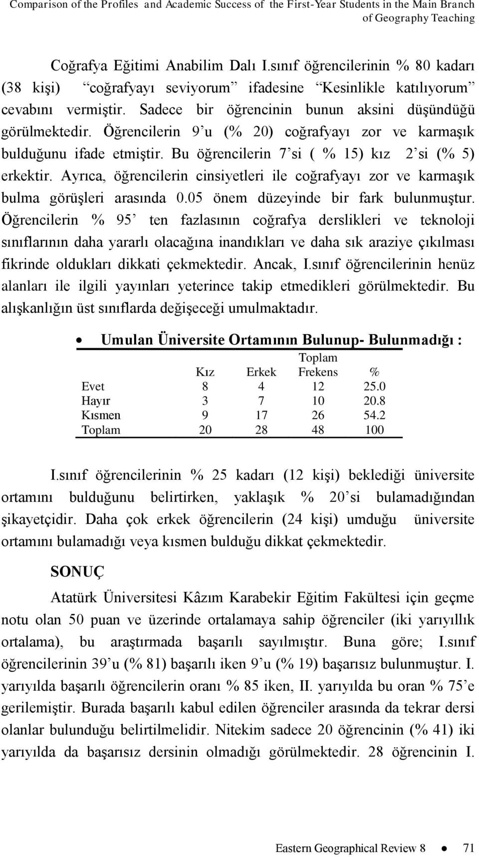 Öğrencilerin 9 u (% 20) coğrafyayı zor ve karmaģık bulduğunu ifade etmiģtir. Bu öğrencilerin 7 si ( % 15) kız 2 si (% 5) erkektir.