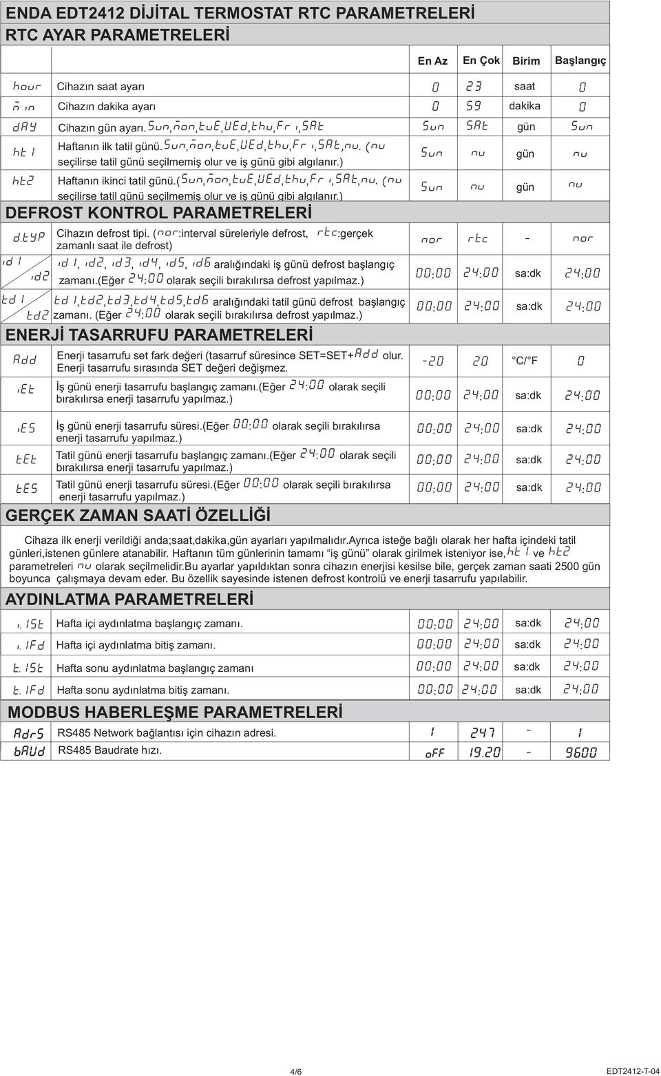 ( seçilirse tatil günü seçilmemiş olur ve iş günü gibi algılanır.) DEFROST KONTROL PARAMETRELERİ Cihazın defrost tipi.