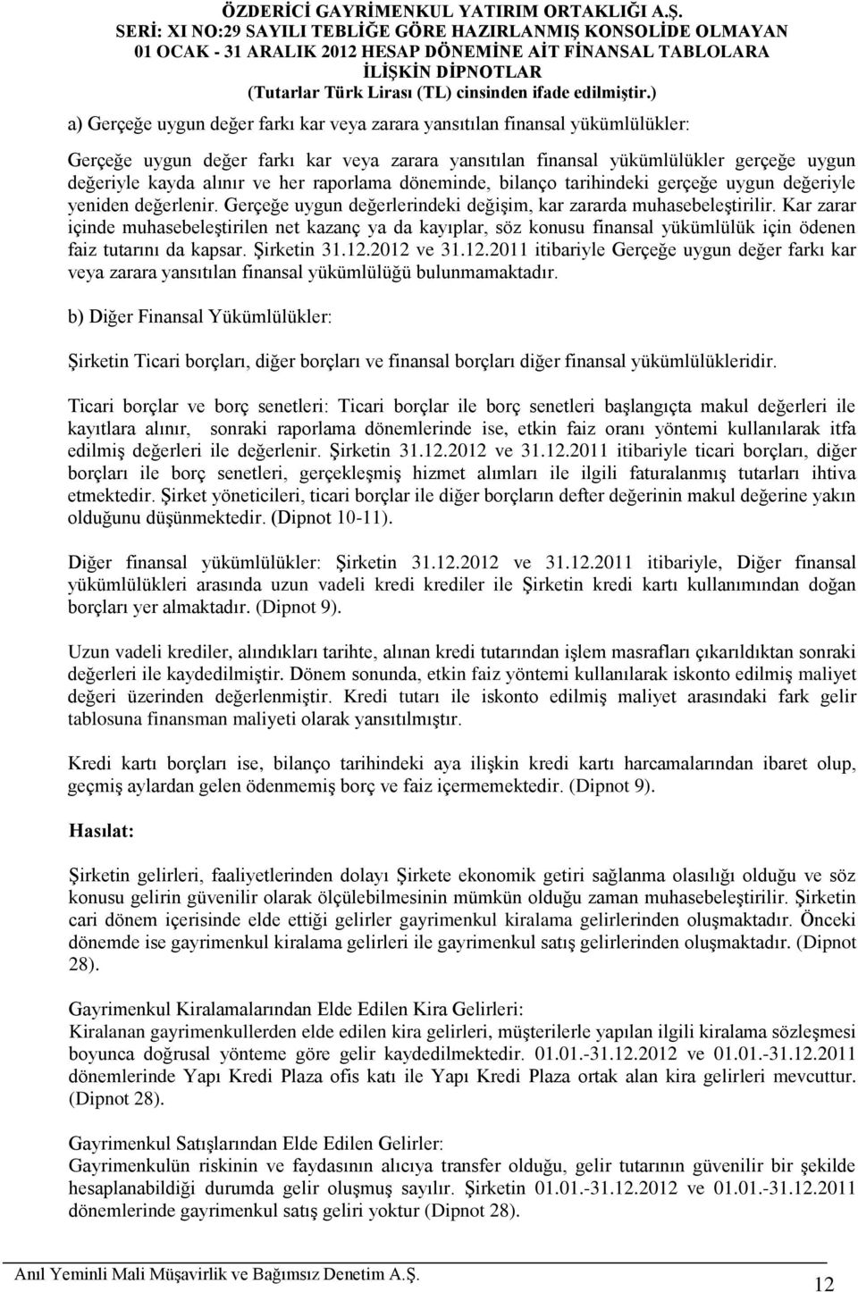 Kar zarar içinde muhasebeleştirilen net kazanç ya da kayıplar, söz konusu finansal yükümlülük için ödenen faiz tutarını da kapsar. Şirketin 31.12.